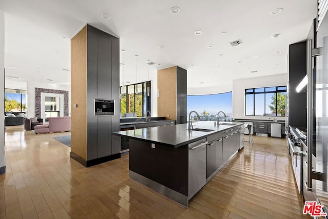 kitchen featuring a wealth of natural light, light hardwood / wood-style flooring, a kitchen island with sink, and sink