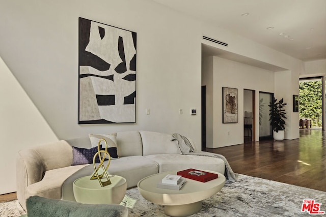 living room featuring dark wood-type flooring