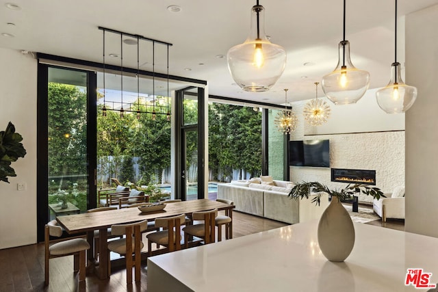 dining room featuring plenty of natural light, a wall of windows, dark hardwood / wood-style flooring, and a stone fireplace