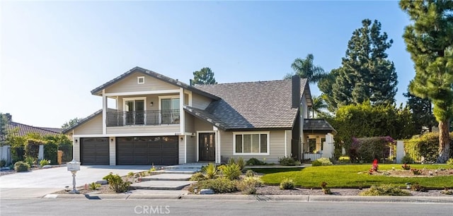 view of front of property featuring a balcony, a front lawn, and a garage