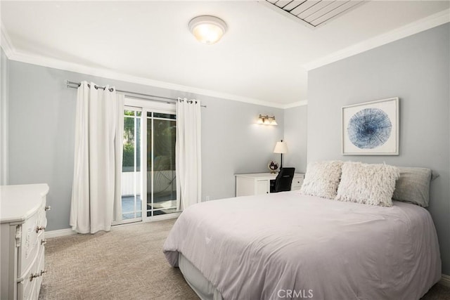 carpeted bedroom featuring access to outside and crown molding