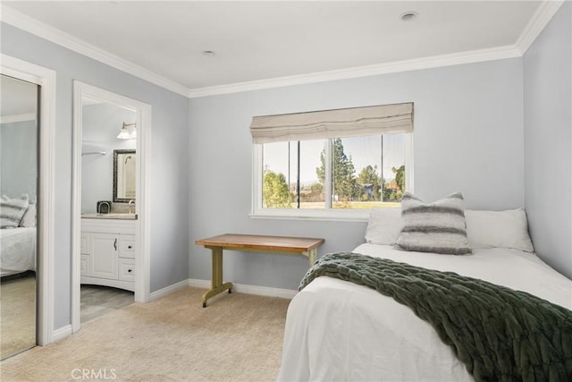 bedroom featuring connected bathroom, light carpet, and crown molding