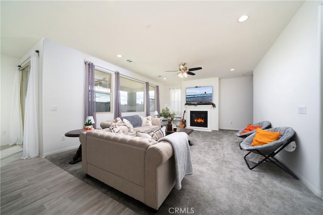 living room with hardwood / wood-style flooring and ceiling fan