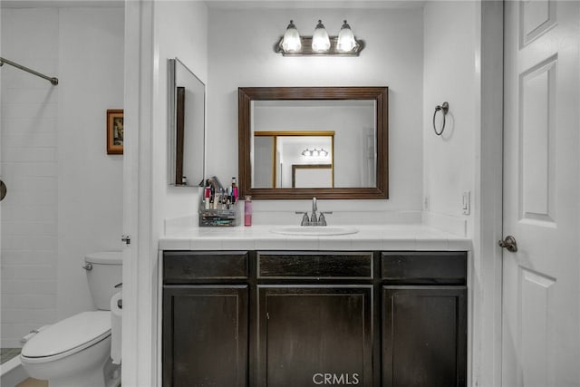 bathroom featuring a shower, vanity, and toilet