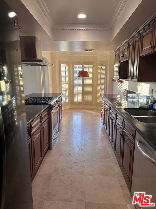 kitchen featuring a tray ceiling, stainless steel appliances, and dark brown cabinetry