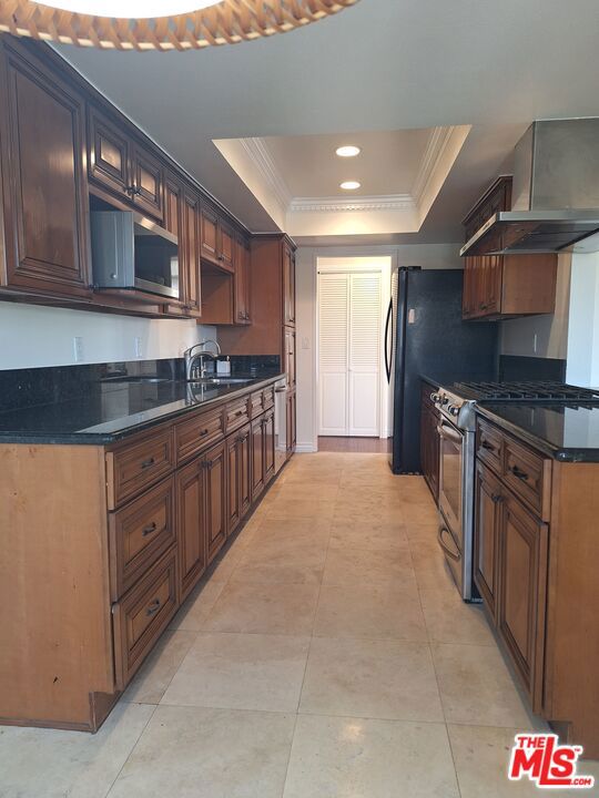 kitchen with stainless steel appliances, ornamental molding, a raised ceiling, and wall chimney range hood