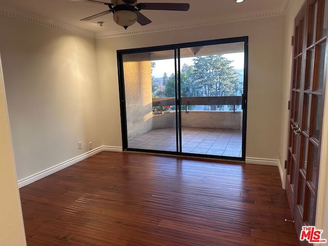 unfurnished room with french doors, ceiling fan, ornamental molding, and dark hardwood / wood-style floors