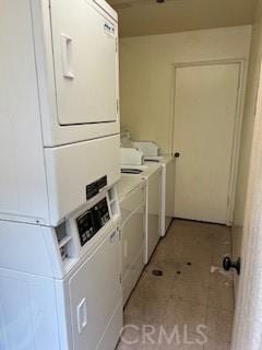 clothes washing area with separate washer and dryer and stacked washer and clothes dryer