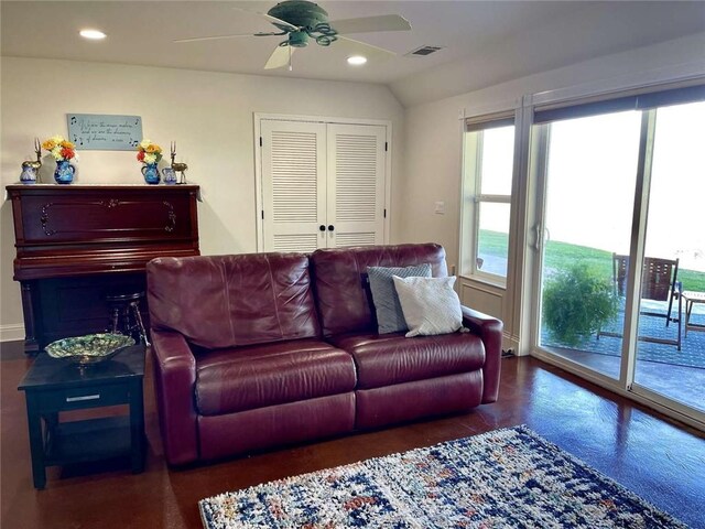 15223 Ledgewood Dr, Redding, CA 96001 - living room with recessed lighting, ceiling fan, visible vents, and lofted ceiling