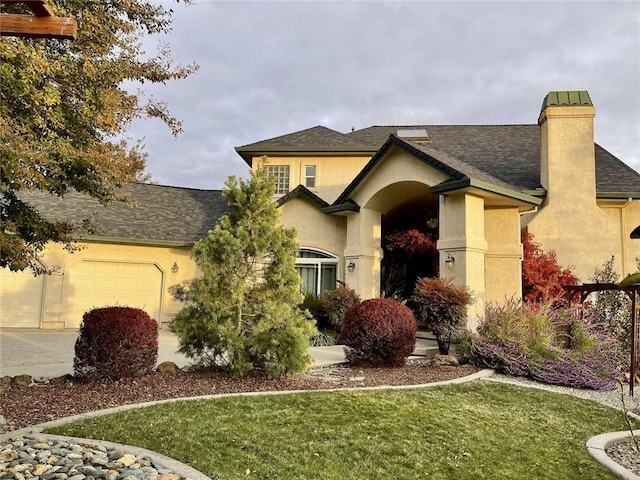 15223 Ledgewood Dr, Redding, CA 96001 - view of front facade with a shingled roof, a front lawn, a garage, stucco siding, and a chimney