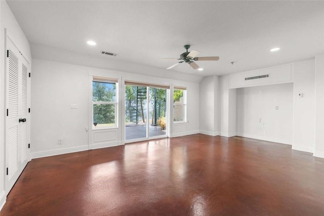 15223 Ledgewood Dr, Redding, CA 96001 - unfurnished living room featuring finished concrete flooring, ceiling fan, recessed lighting, and baseboards