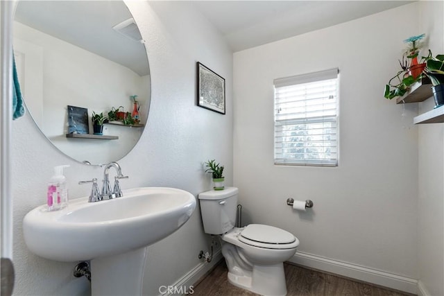 bathroom with wood-type flooring, toilet, and sink