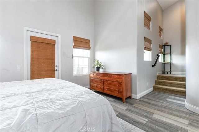 bedroom with light hardwood / wood-style floors, a high ceiling, and a closet