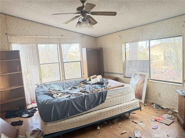 bedroom featuring ceiling fan, a textured ceiling, and multiple windows