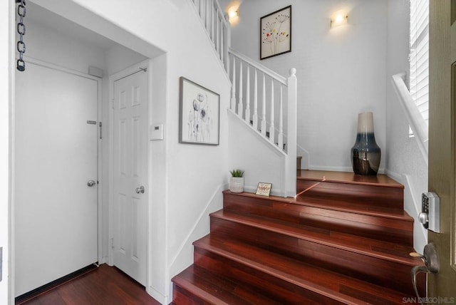 stairs with hardwood / wood-style floors