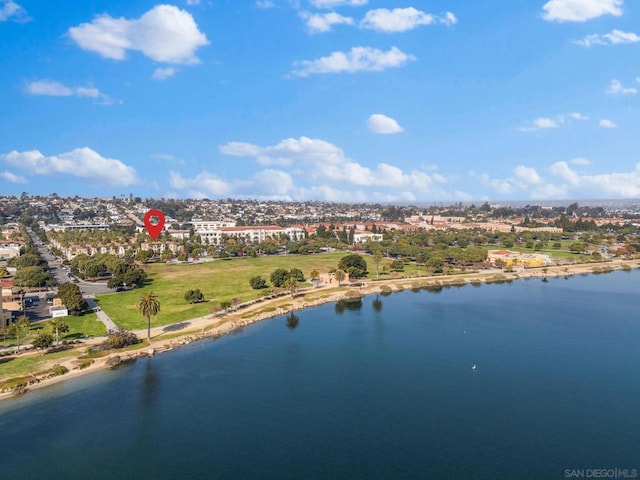 birds eye view of property featuring a water view