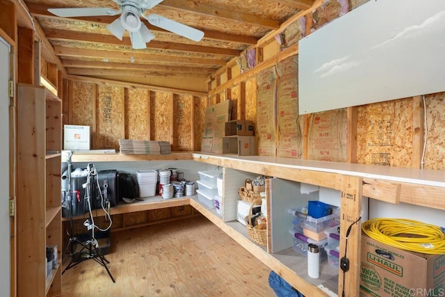 storage room with ceiling fan