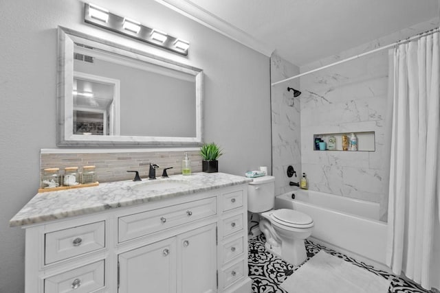 full bathroom with backsplash, vanity, shower / tub combo with curtain, crown molding, and toilet