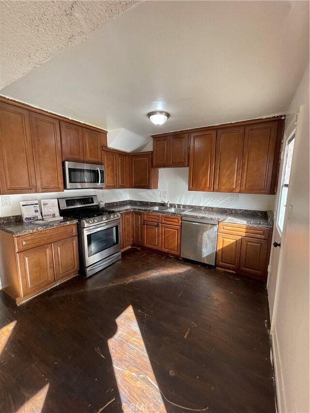 kitchen featuring lofted ceiling, appliances with stainless steel finishes, dark hardwood / wood-style floors, and sink