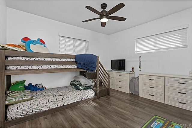 bedroom with dark wood-type flooring, ceiling fan, and multiple windows