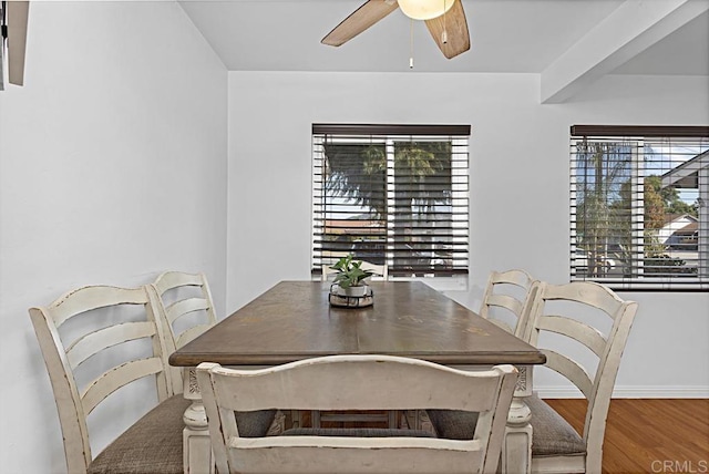 dining space with hardwood / wood-style floors and ceiling fan