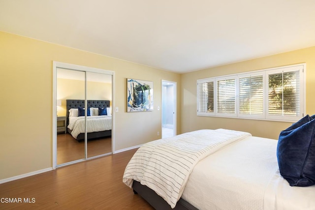 bedroom featuring wood-type flooring and a closet