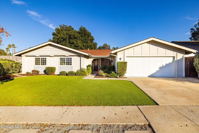 single story home with a garage and a front yard