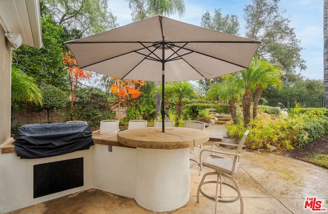 view of patio / terrace featuring a grill, a bar, and exterior kitchen