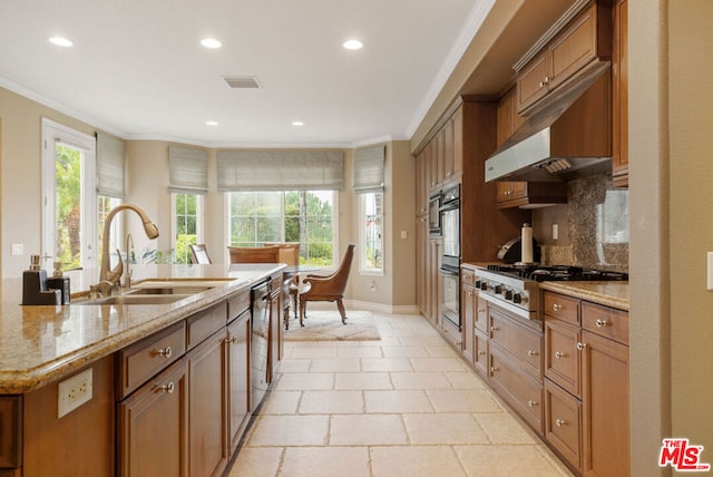 kitchen with decorative backsplash, appliances with stainless steel finishes, light stone counters, ornamental molding, and sink