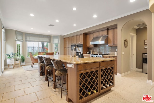 kitchen featuring backsplash, sink, ornamental molding, stainless steel range, and a large island