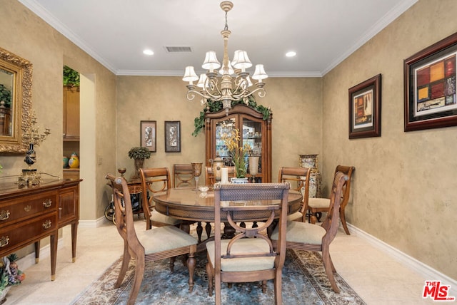 tiled dining room featuring crown molding and a notable chandelier