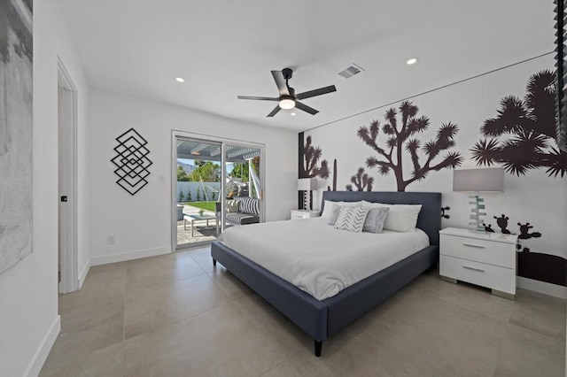 bedroom featuring access to exterior and ceiling fan