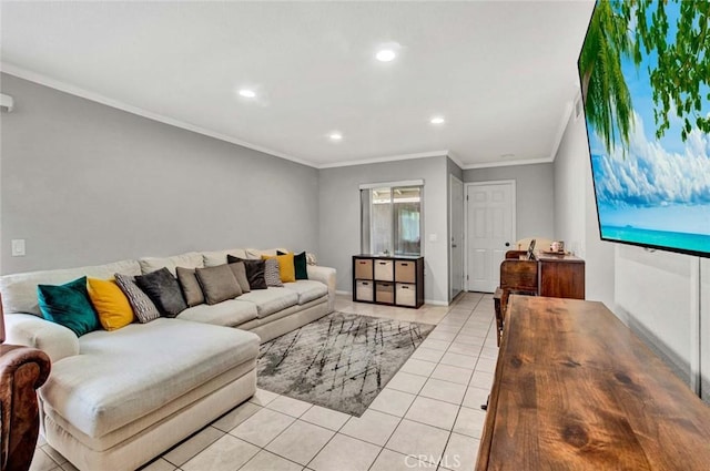 tiled living room with crown molding