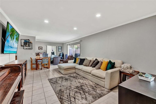 tiled living room with ornamental molding