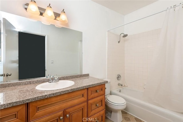 full bathroom featuring toilet, shower / bath combination with curtain, and vanity