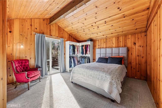 carpeted bedroom with access to exterior, wood ceiling, wooden walls, and vaulted ceiling with beams