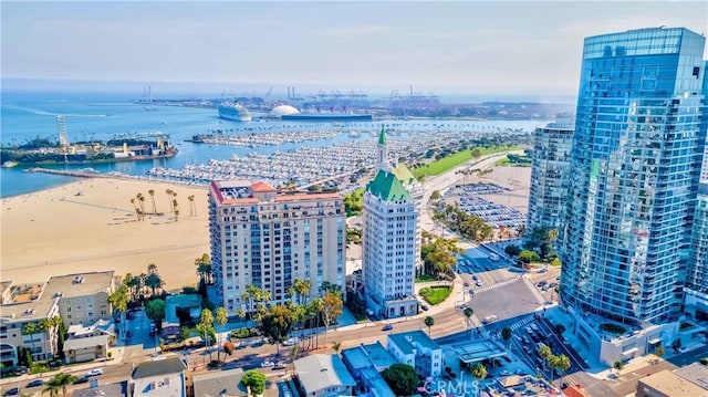 aerial view with a view of the beach and a water view