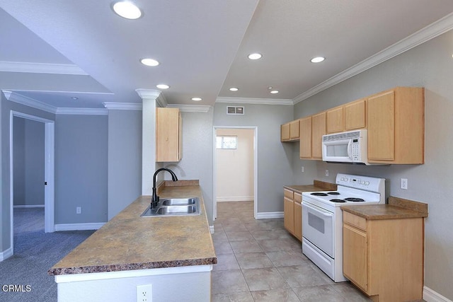 kitchen with white appliances, sink, light brown cabinetry, and ornamental molding