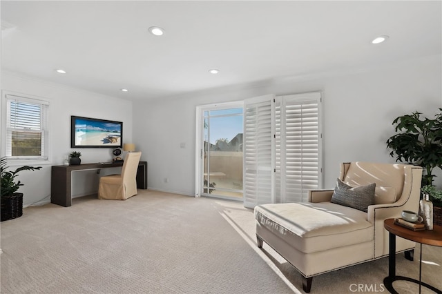 living area with light colored carpet