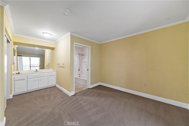 bathroom with vanity,  shower combination, and ornamental molding