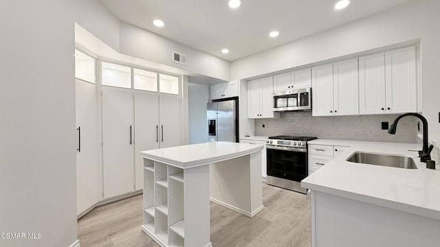 kitchen featuring sink, white cabinets, appliances with stainless steel finishes, and a center island