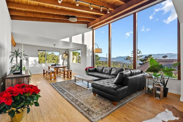 sunroom with plenty of natural light, a mountain view, and wooden ceiling