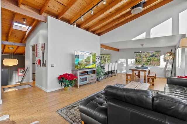 living room with wood ceiling, a skylight, rail lighting, light hardwood / wood-style flooring, and beam ceiling