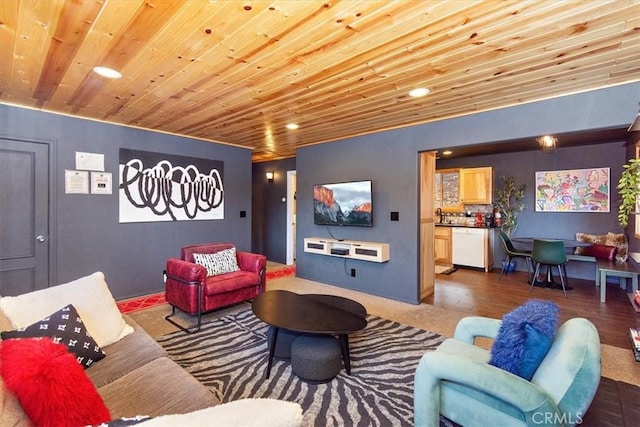 living room featuring dark wood-type flooring and wooden ceiling