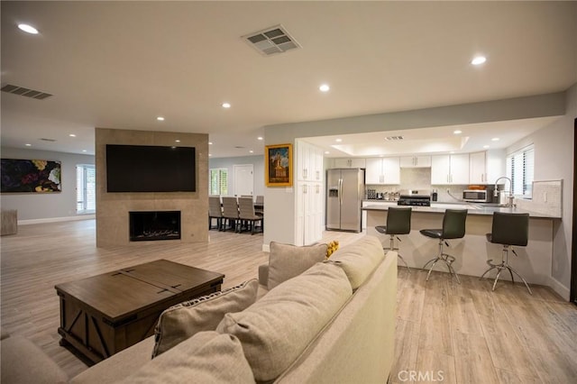 living room with a fireplace, light wood-type flooring, and sink