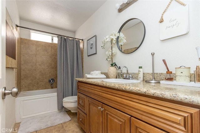 full bathroom with tile patterned floors, vanity, toilet, and shower / tub combo with curtain