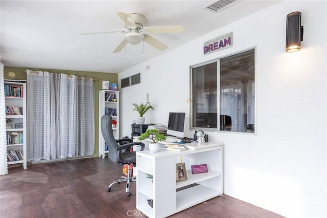 home office featuring dark hardwood / wood-style floors and ceiling fan