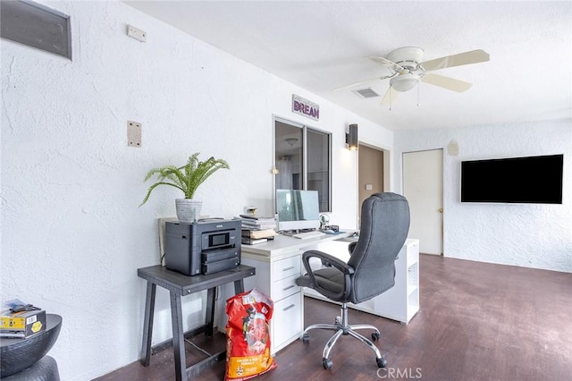 home office featuring dark hardwood / wood-style flooring and ceiling fan