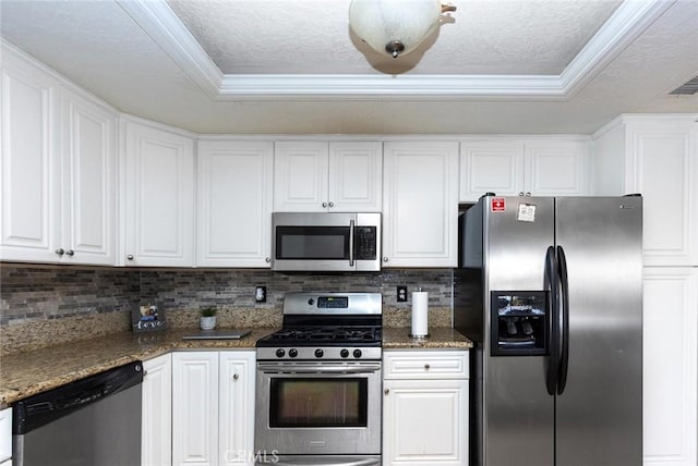 kitchen with a raised ceiling, white cabinetry, stainless steel appliances, and ornamental molding