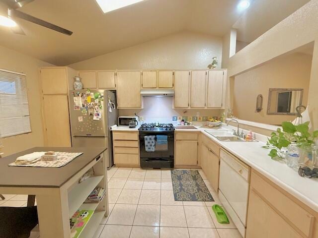 kitchen featuring light brown cabinetry, black range with electric stovetop, lofted ceiling, and sink